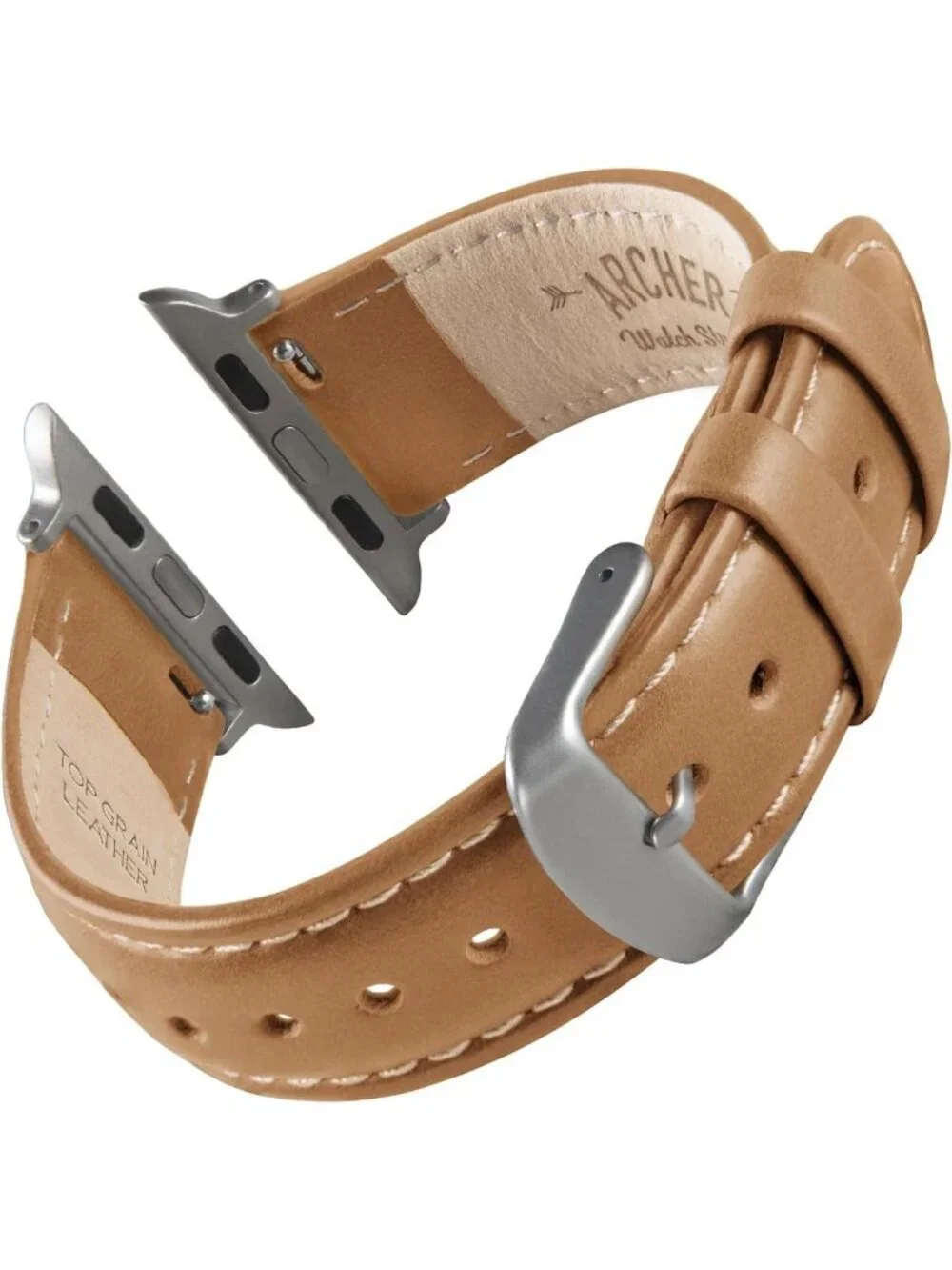 Men's Camel Tan/Natural Thread, Matte Silver Hardware Leather Straps Apple Watch